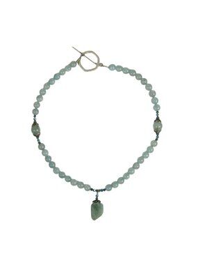 Aquamarine Pendant Glass Beaded Necklace Round Gemstones Silver Tone Choker 16in